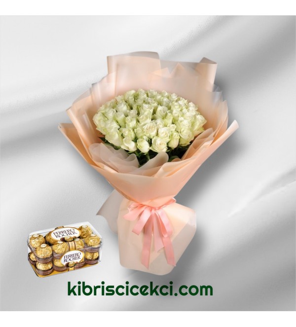 51 Beyaz Gül Buketi 16'lı Ferrero Çikolata